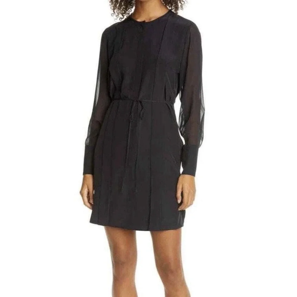Club Monaco Sheer Long‎ Sleeve Silk Shirtdress black size 0 NWT $229 Belted